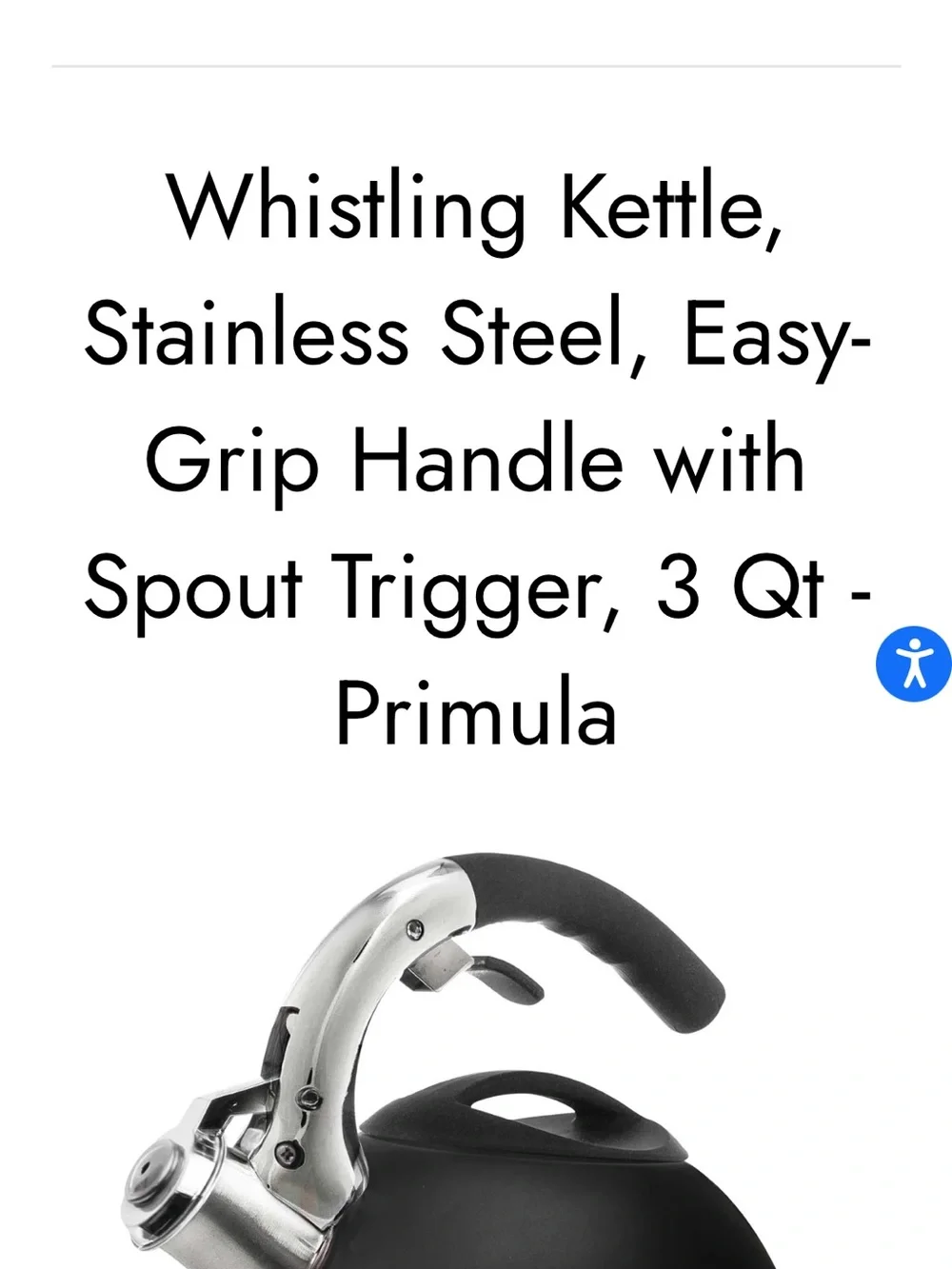 New PRIMULA Matt Black Whistling Tea Kettle 3qt Stainless steel Soft-Grip Handle